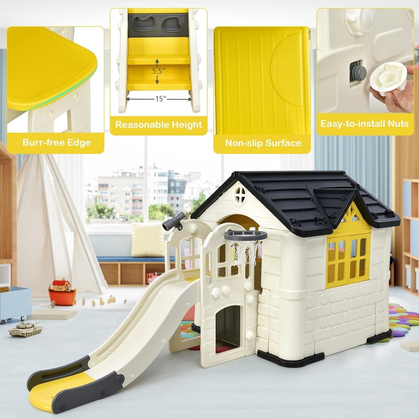 7-in-1 Kids Playhouse Slide Cottage Picnic Yellow-0