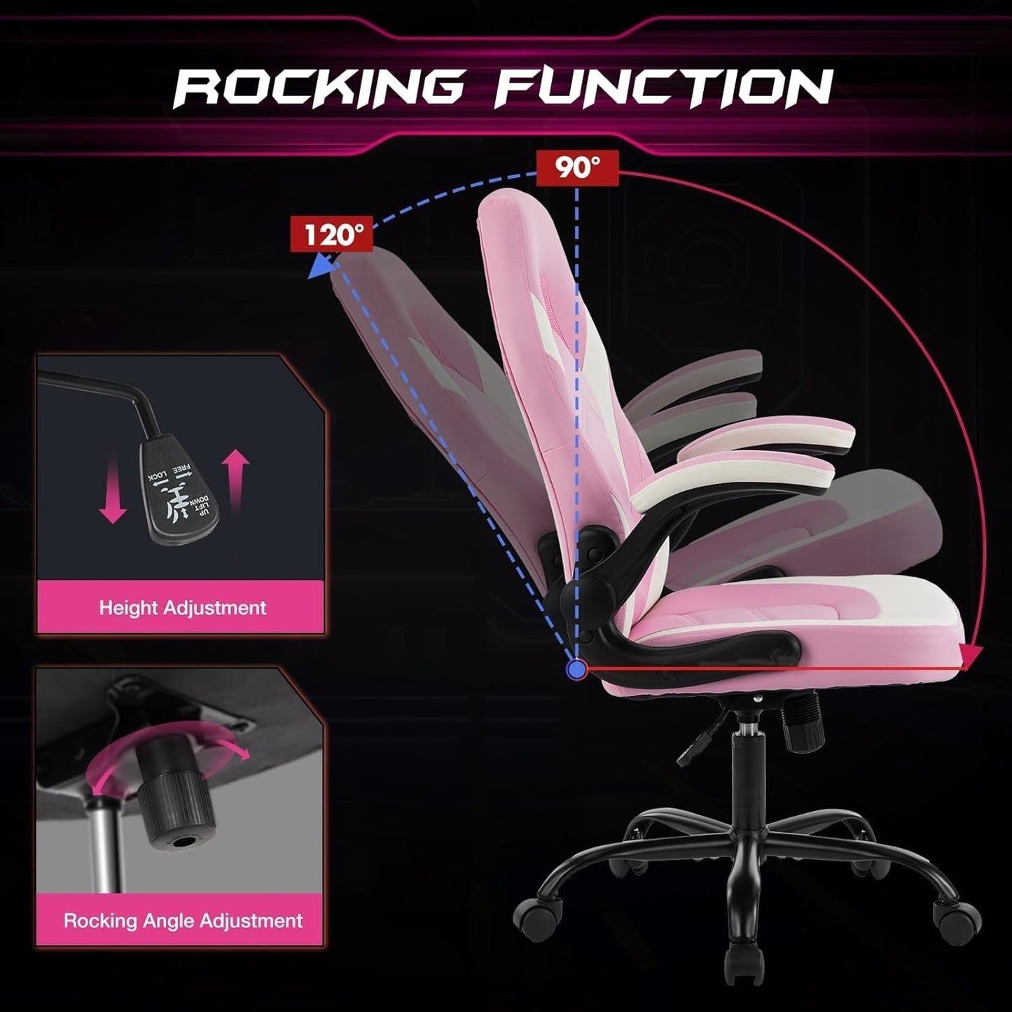 Computer Gaming Desk Chair - Pink Ergonomic Office Executive Adjustable Swivel Task PU Leather Racing Chair with Flip-Up Armrest for Adults, Kids, Men, Girls, Gamer, White Pink-3