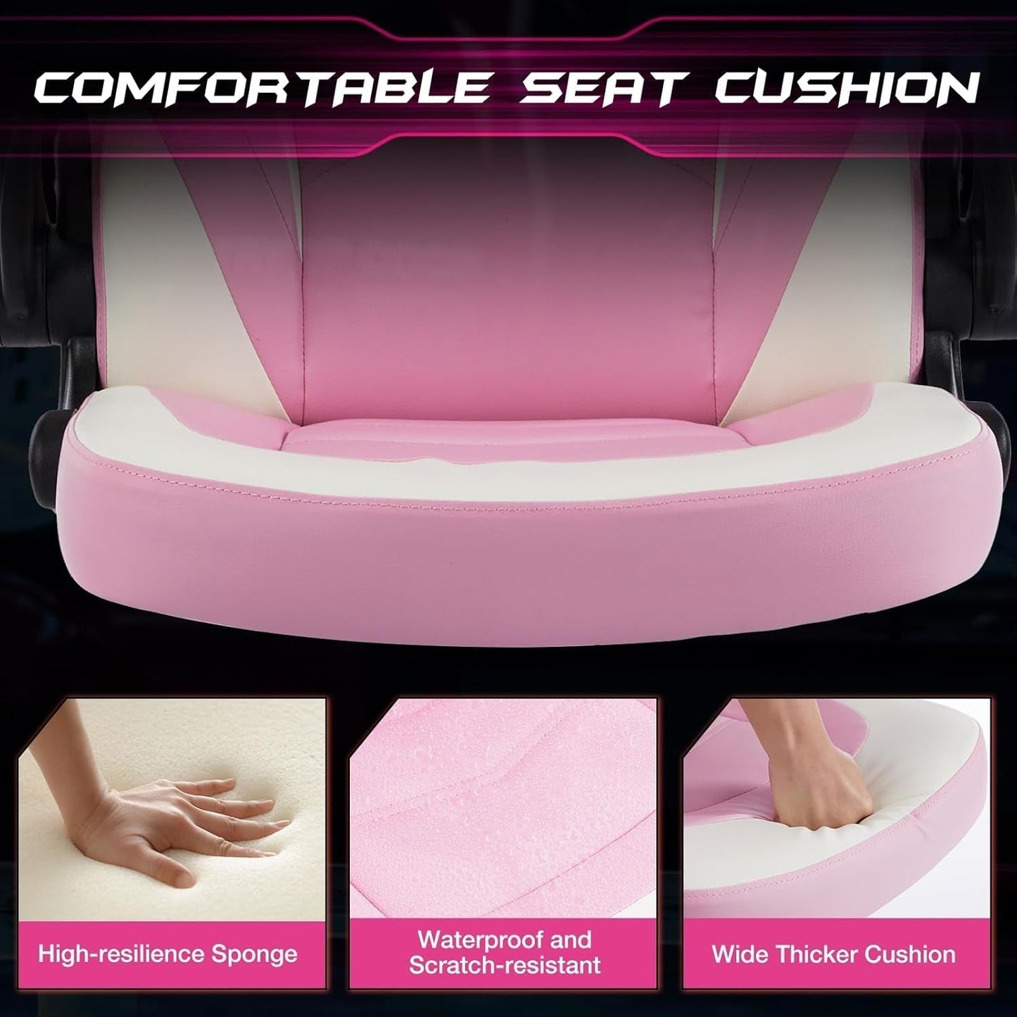 Computer Gaming Desk Chair - Pink Ergonomic Office Executive Adjustable Swivel Task PU Leather Racing Chair with Flip-Up Armrest for Adults, Kids, Men, Girls, Gamer, White Pink-4