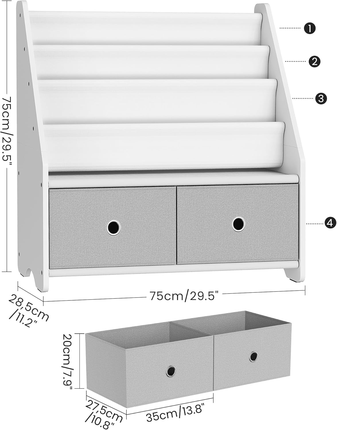 Kids Bookshelf and Toy Storage, 4 Tier Large Capacity Kids Book Rack, Sling Kids Bookcase, for Kids Room, Nursery, Playroom, White and Gray MCW06WT-1