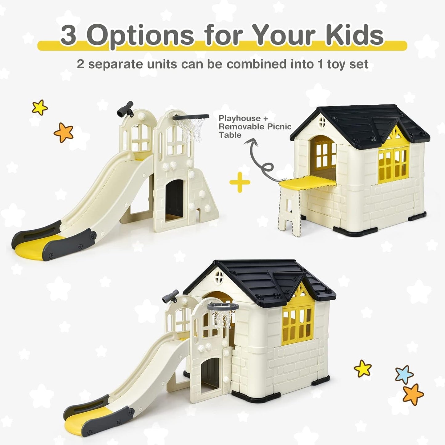 7-in-1 Kids Playhouse Slide Cottage Picnic Yellow-2