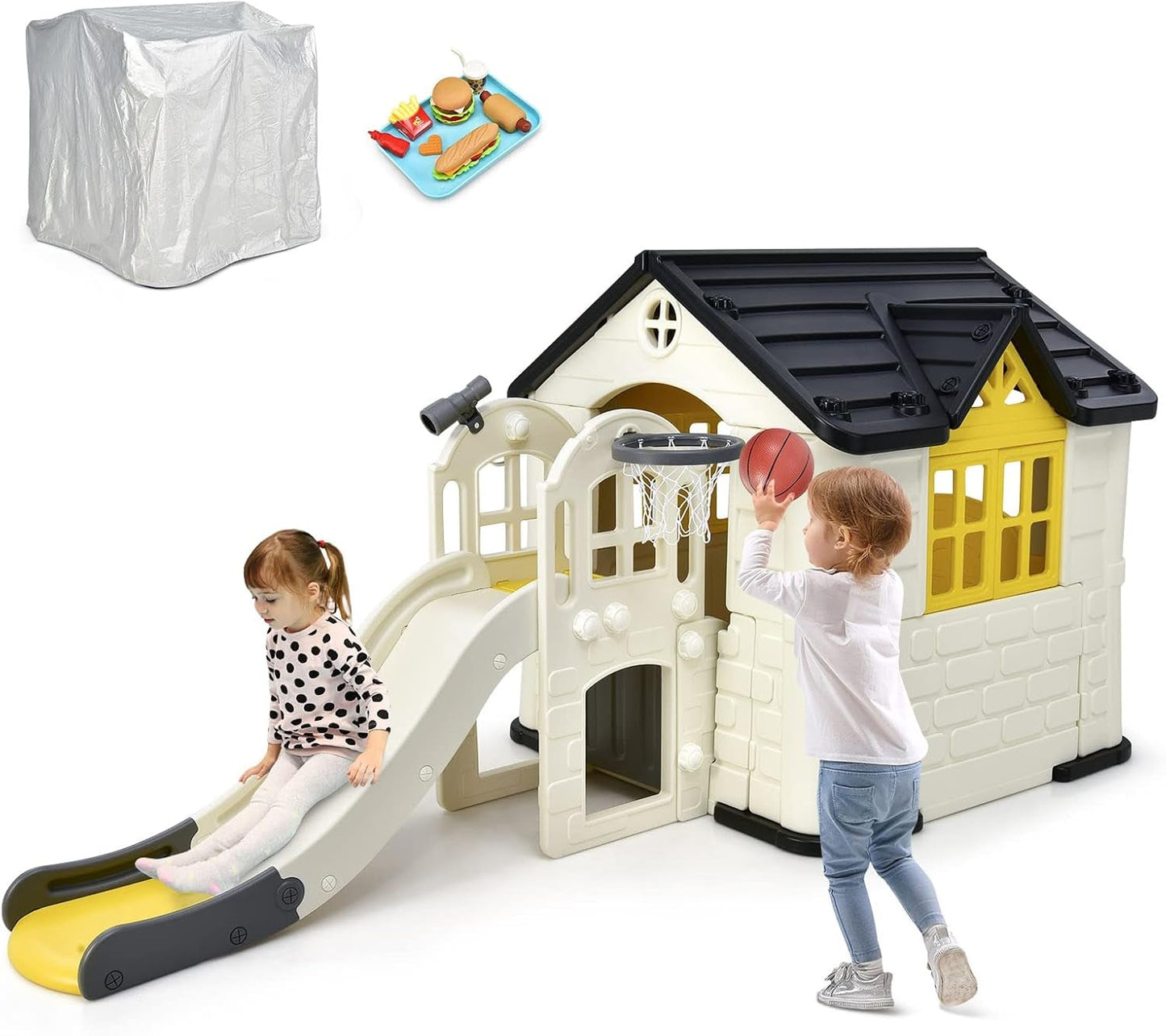 7-in-1 Kids Playhouse Slide Cottage Picnic Yellow-1