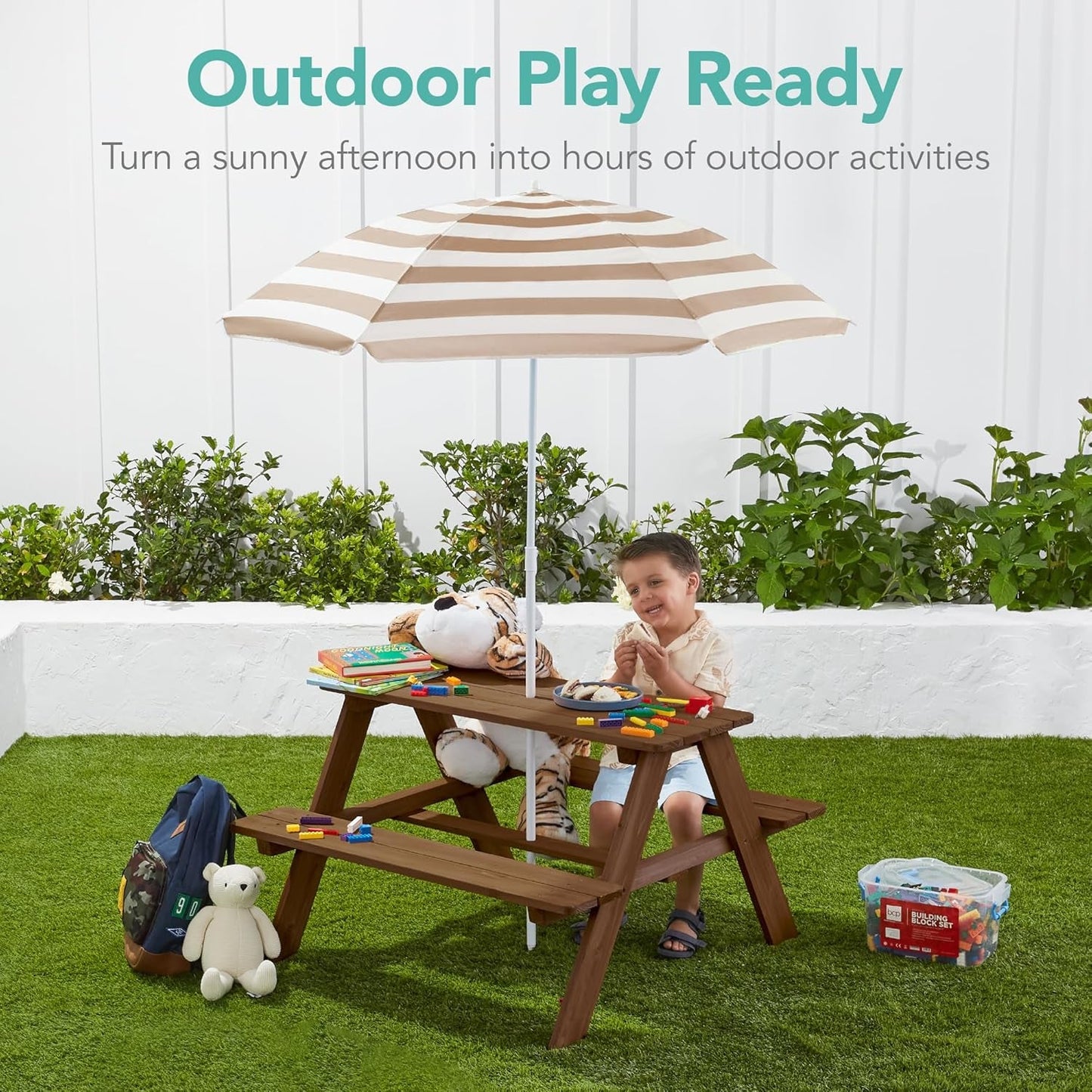 Kids Wooden Picnic Table with Adjustable Umbrella-2