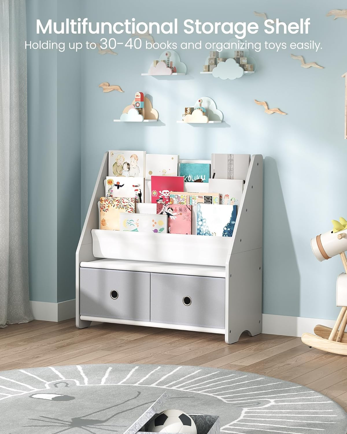 Kids Bookshelf and Toy Storage, 4 Tier Large Capacity Kids Book Rack, Sling Kids Bookcase, for Kids Room, Nursery, Playroom, White and Gray MCW06WT-2