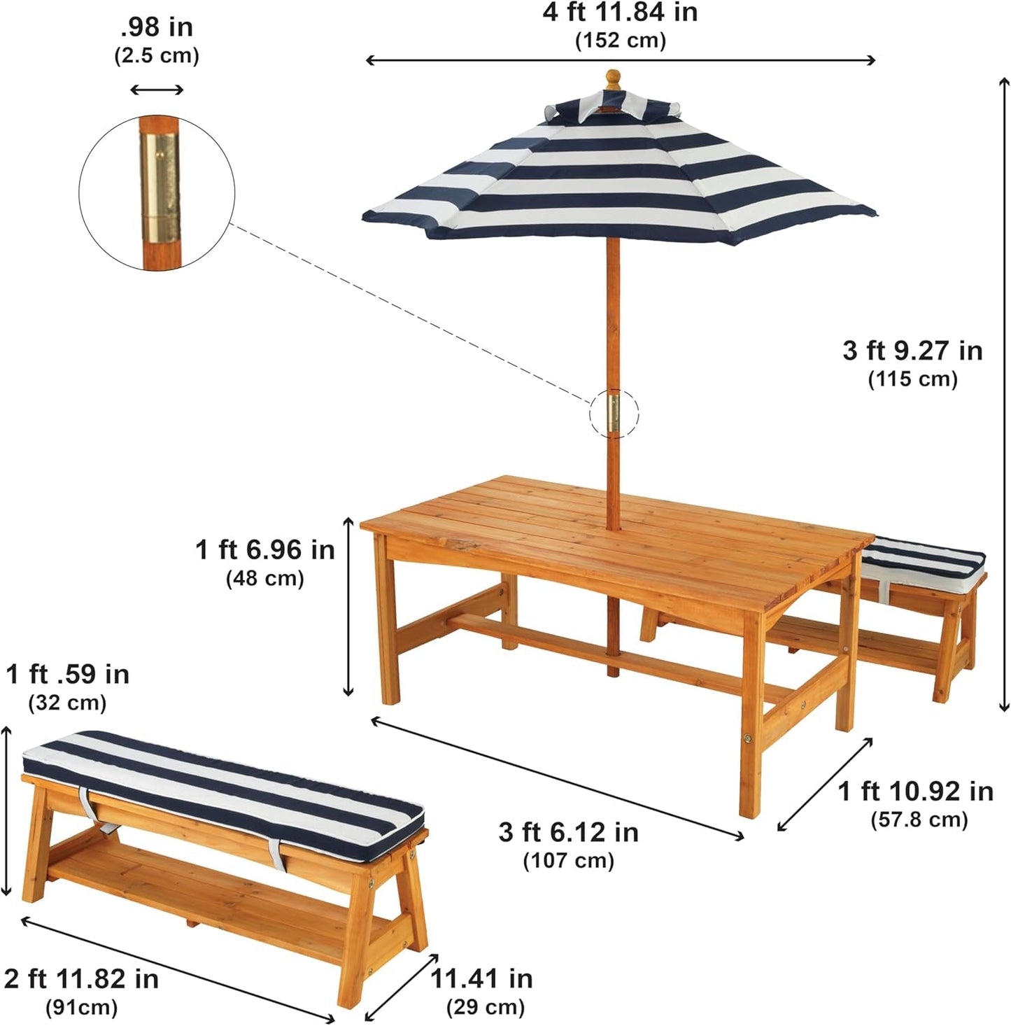 Outdoor Wooden Table & Bench Set with Cushions and Umbrella, Kids Backyard Furniture, Navy and White Stripe Fabric-4