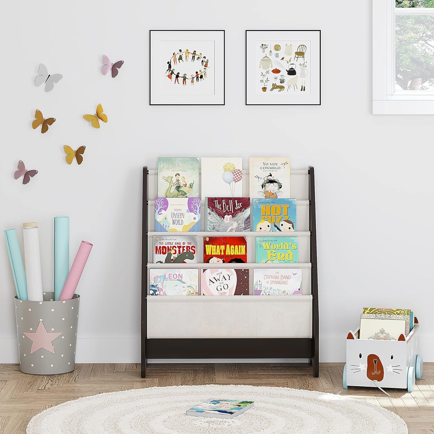 Kids Sling Bookshelf - Kids Magazine Rack with Organizer, Book Organizer (Espresso)-2