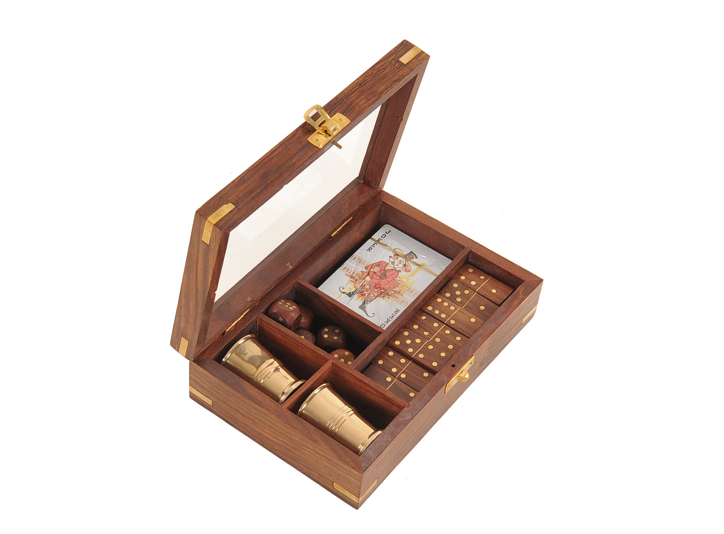 5.25" X 8" X 2.5" Wooden Game Set With Brass Goblet-3