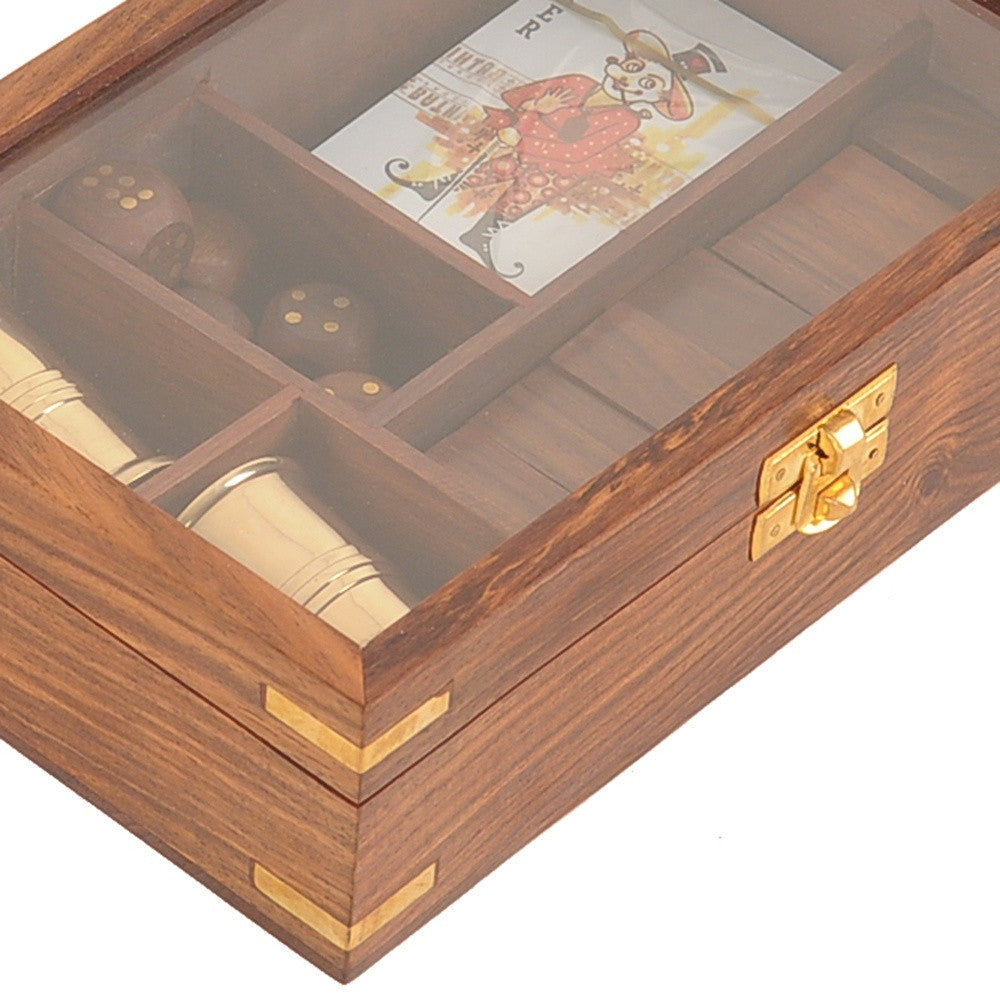 5.25" X 8" X 2.5" Wooden Game Set With Brass Goblet-4