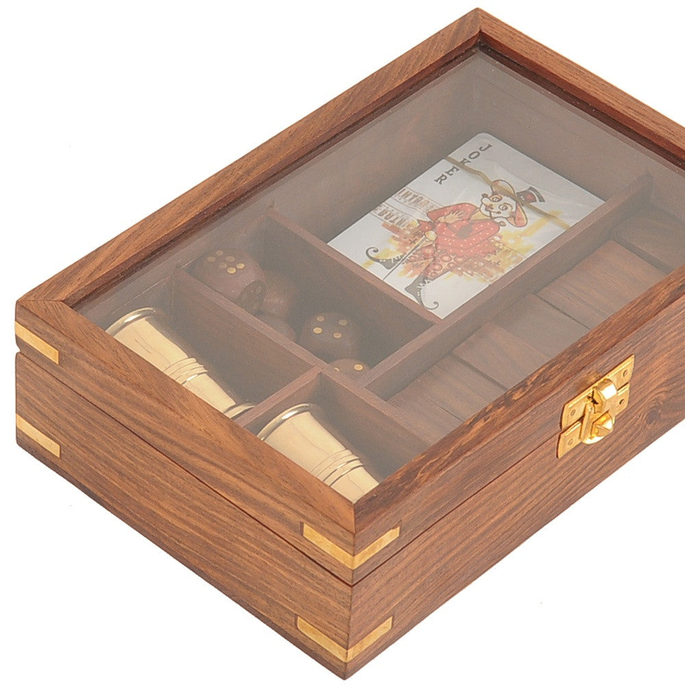 5.25" X 8" X 2.5" Wooden Game Set With Brass Goblet-5