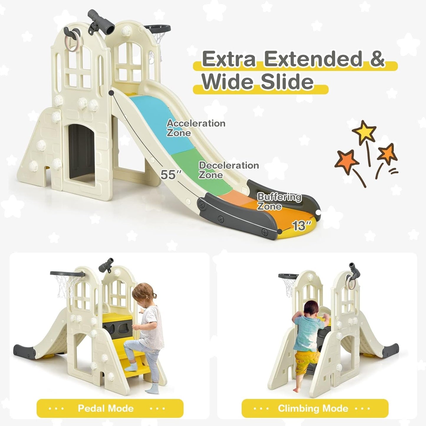 7-in-1 Kids Playhouse Slide Cottage Picnic Yellow-4