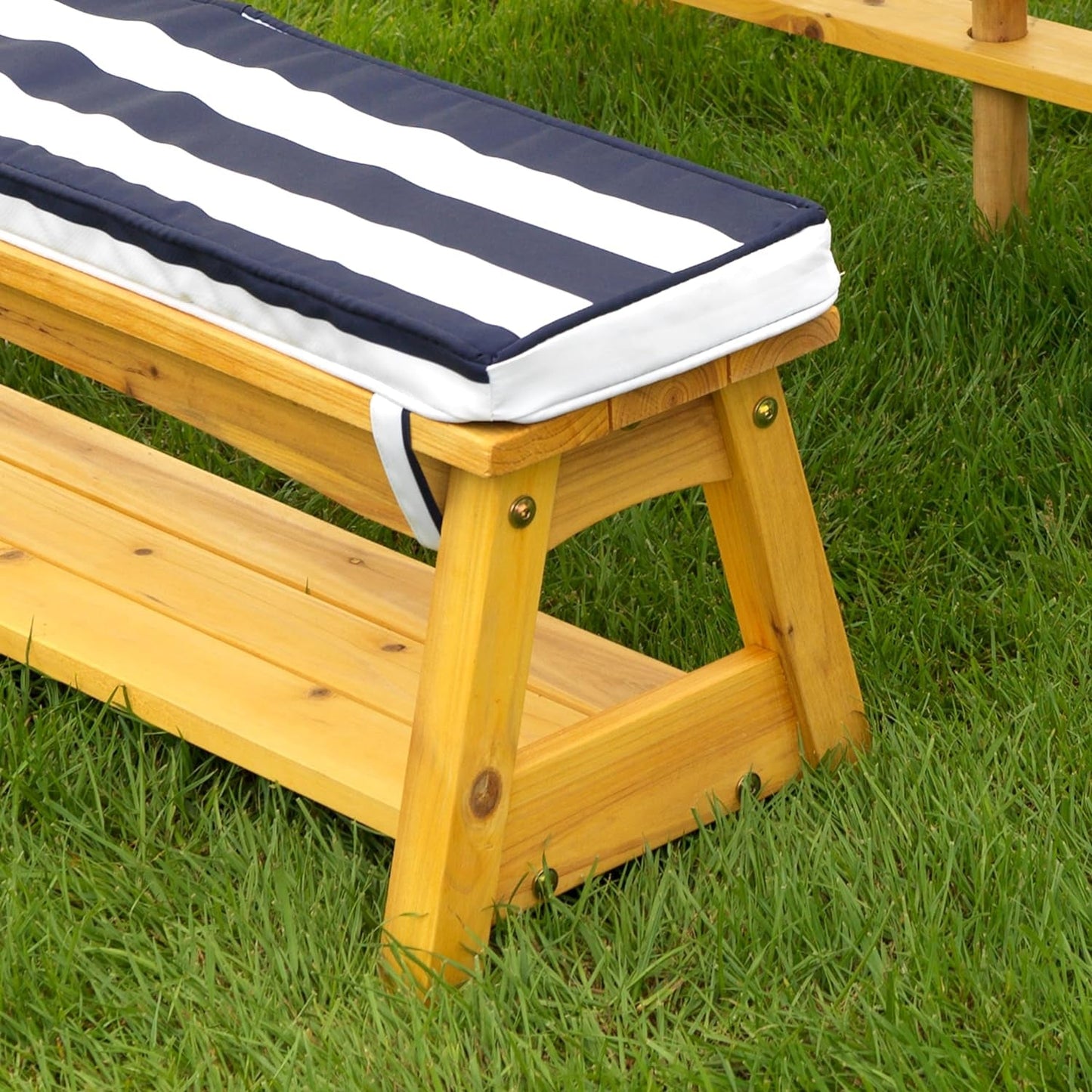 Outdoor Wooden Table & Bench Set with Cushions and Umbrella, Kids Backyard Furniture, Navy and White Stripe Fabric-3