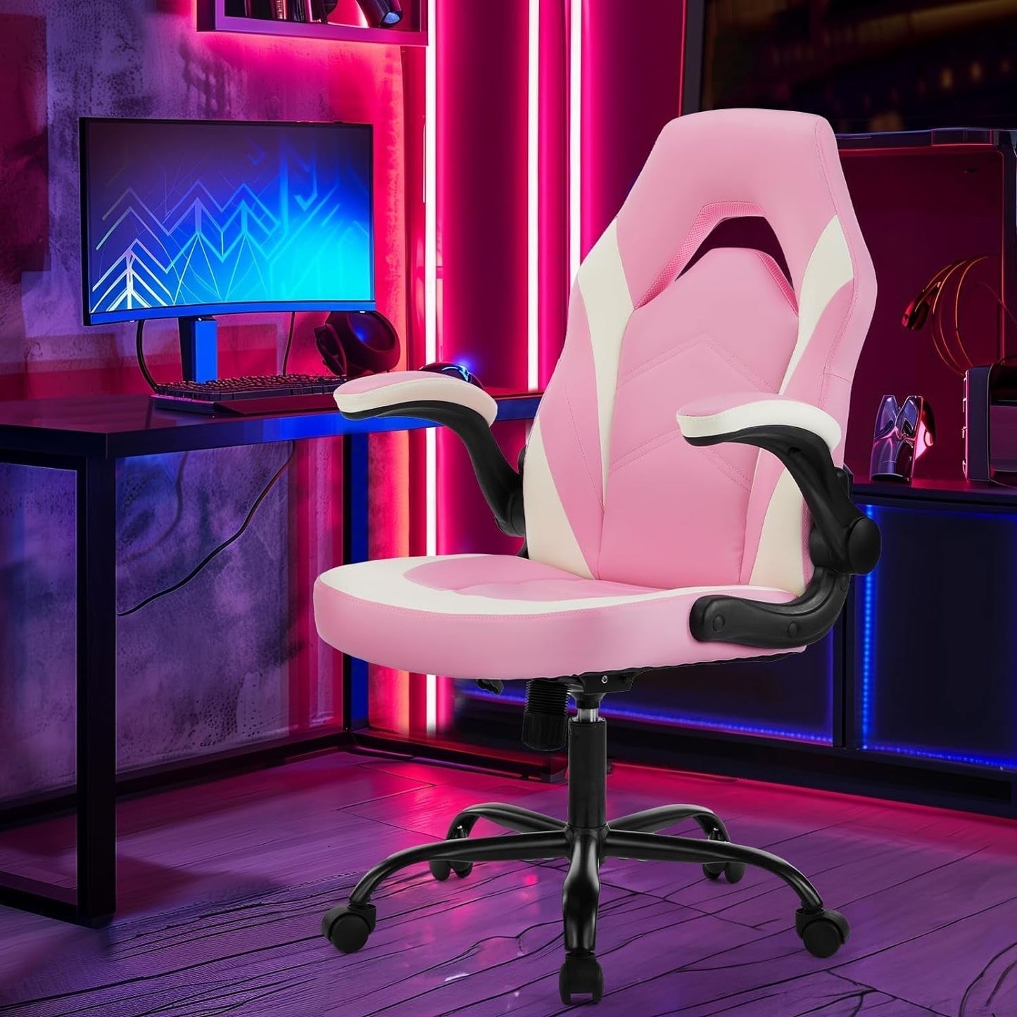 Computer Gaming Desk Chair - Pink Ergonomic Office Executive Adjustable Swivel Task PU Leather Racing Chair with Flip-Up Armrest for Adults, Kids, Men, Girls, Gamer, White Pink-1