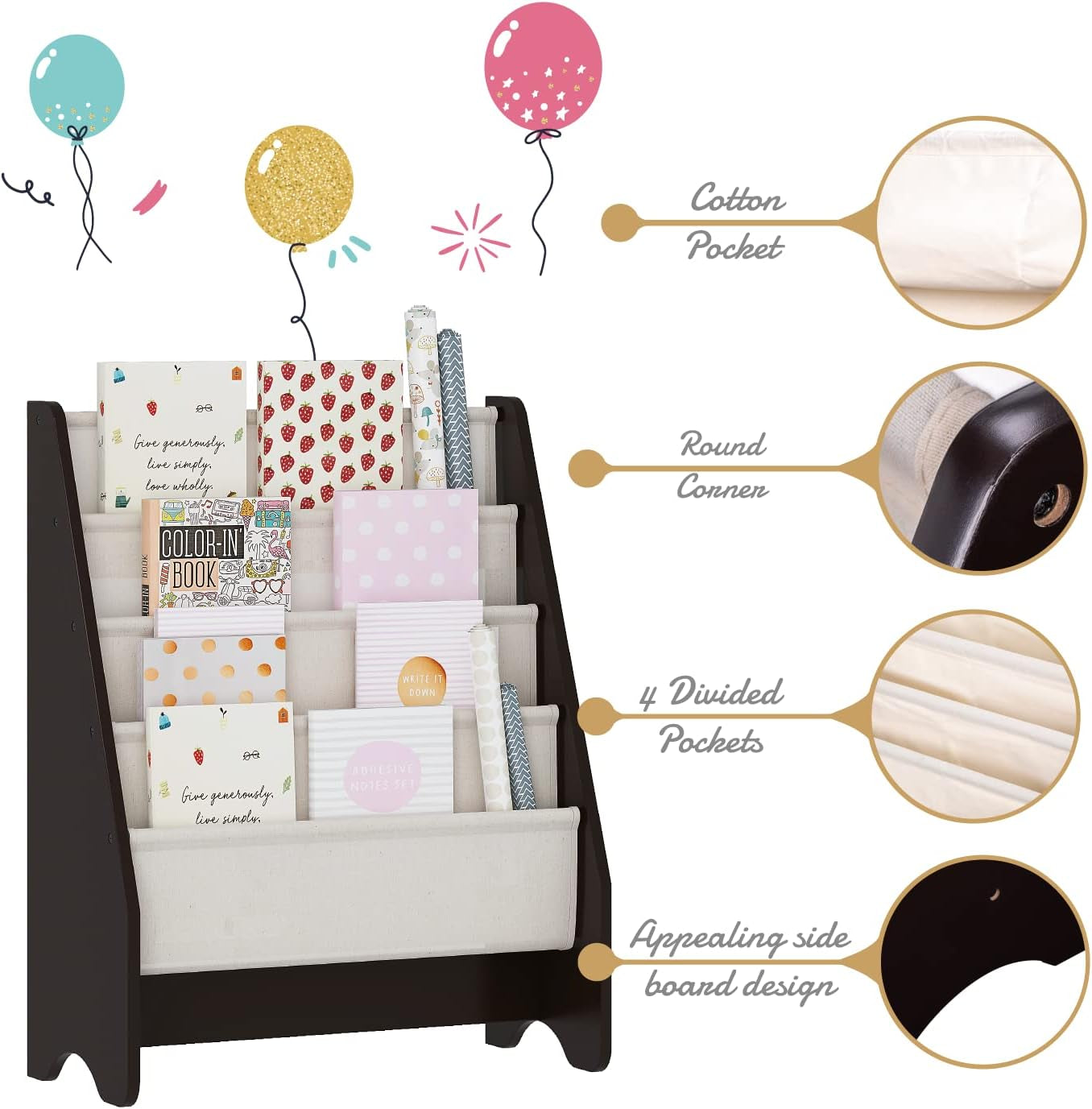Kids Sling Bookshelf - Kids Magazine Rack with Organizer, Book Organizer (Espresso)-3