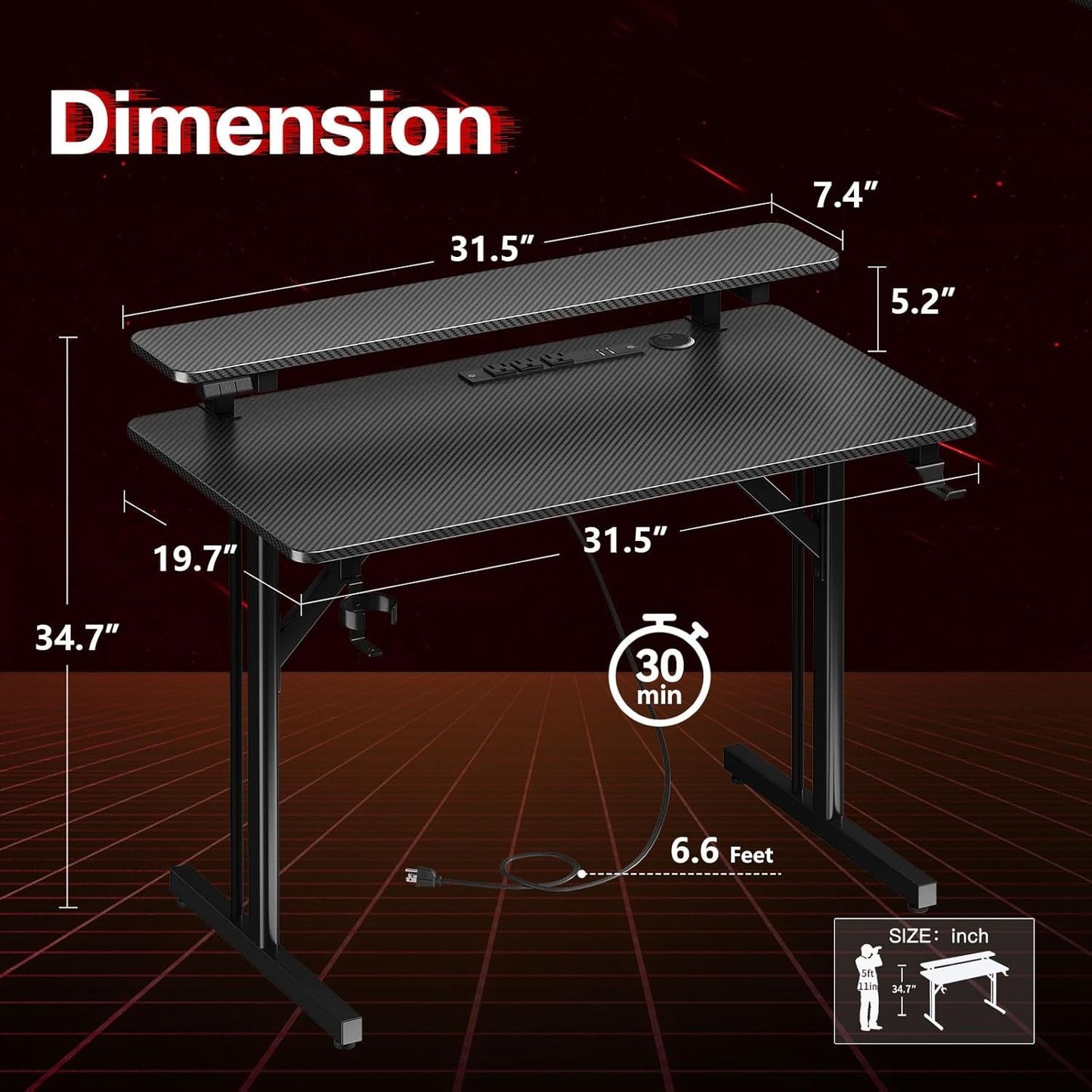 31 Inch Small Gaming Desk with LED Lights & Power Outlets, Computer Desk Gaming Table with Monitor Shelf, Gamer Desk with Carbon Fiber Texture, Kids Boys Desk Gift for Men-2