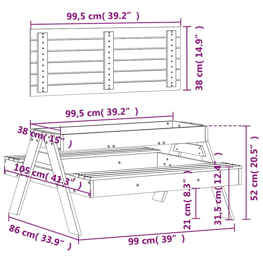 vidaXL Picnic Table with Sandpit for Kids Outdoor Furniture Solid Wood Pine-2