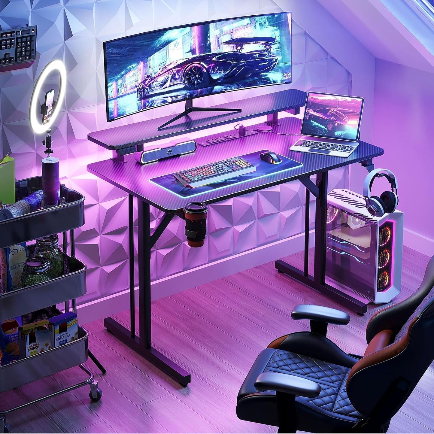 31 Inch Small Gaming Desk with LED Lights & Power Outlets, Computer Desk Gaming Table with Monitor Shelf, Gamer Desk with Carbon Fiber Texture, Kids Boys Desk Gift for Men-1