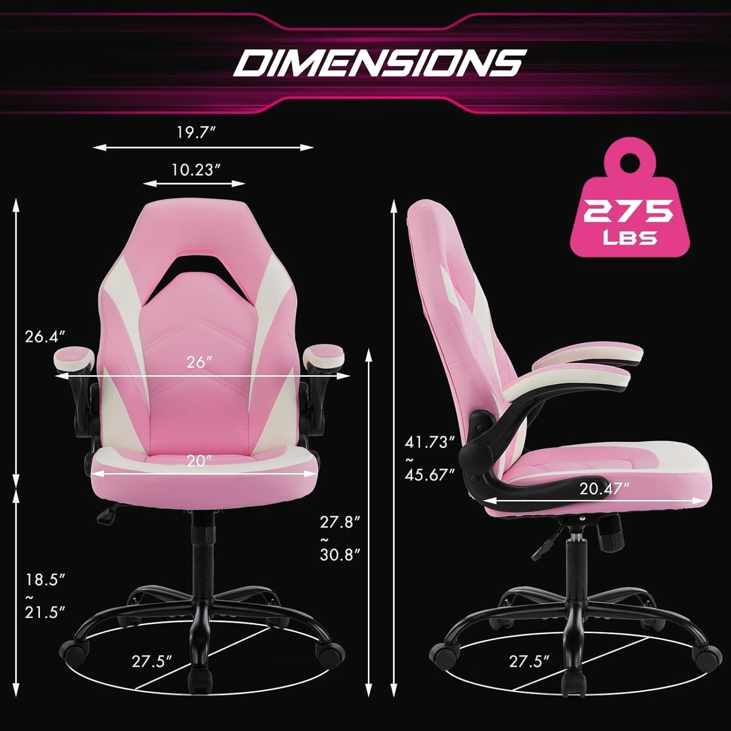 Computer Gaming Desk Chair - Pink Ergonomic Office Executive Adjustable Swivel Task PU Leather Racing Chair with Flip-Up Armrest for Adults, Kids, Men, Girls, Gamer, White Pink-2