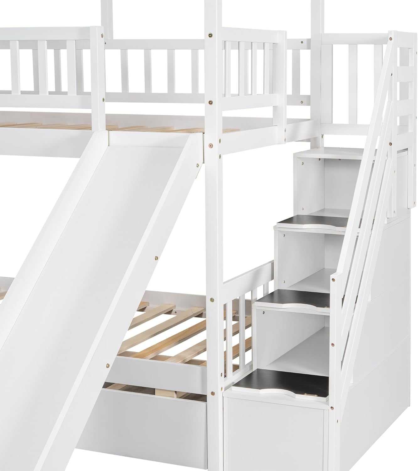 Kids Twin Bunk Bed with Slide, Trundle & Storage-4