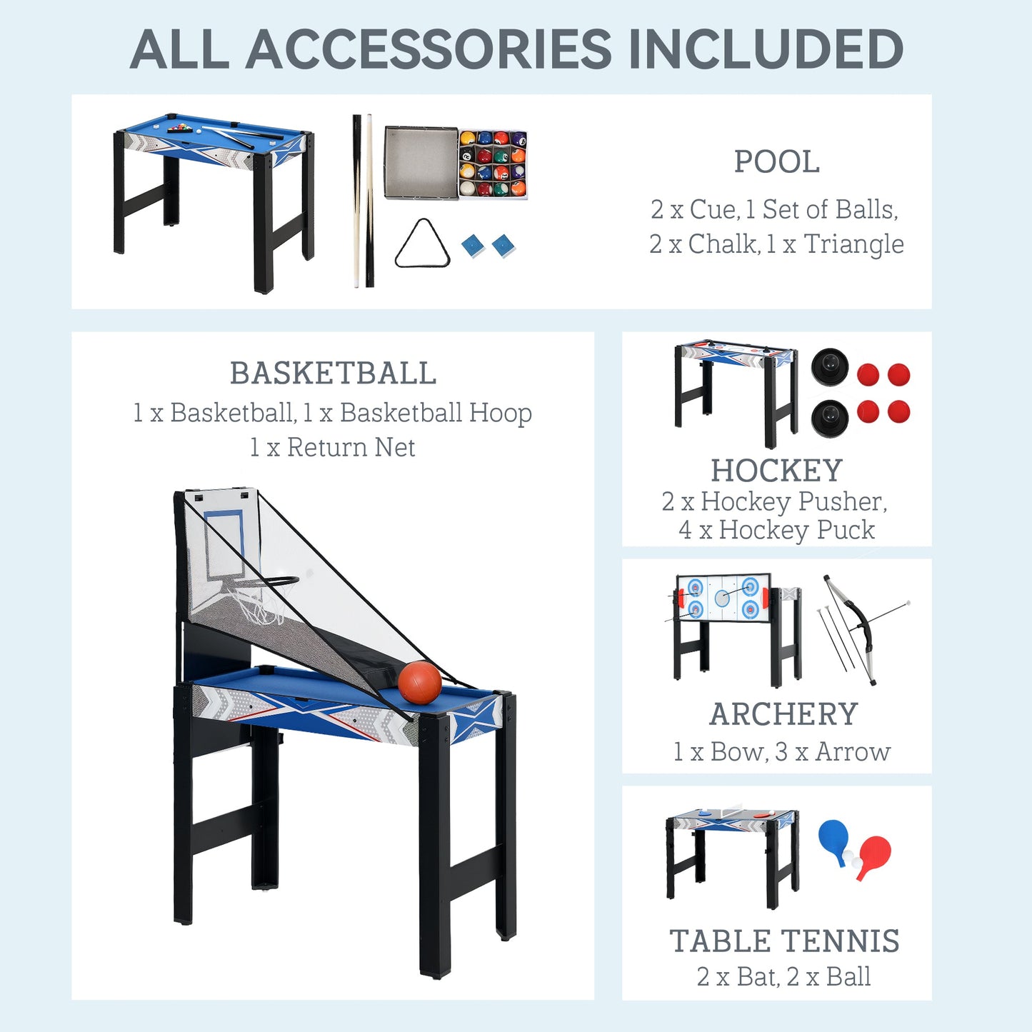 5 in 1 Multi Games Table Combo Sports Game Table for Kids, Mini Pool Table, Table Tennis Table, Hockey Table, Basketball Arcade Game, Bow and Arrow, Blue-4