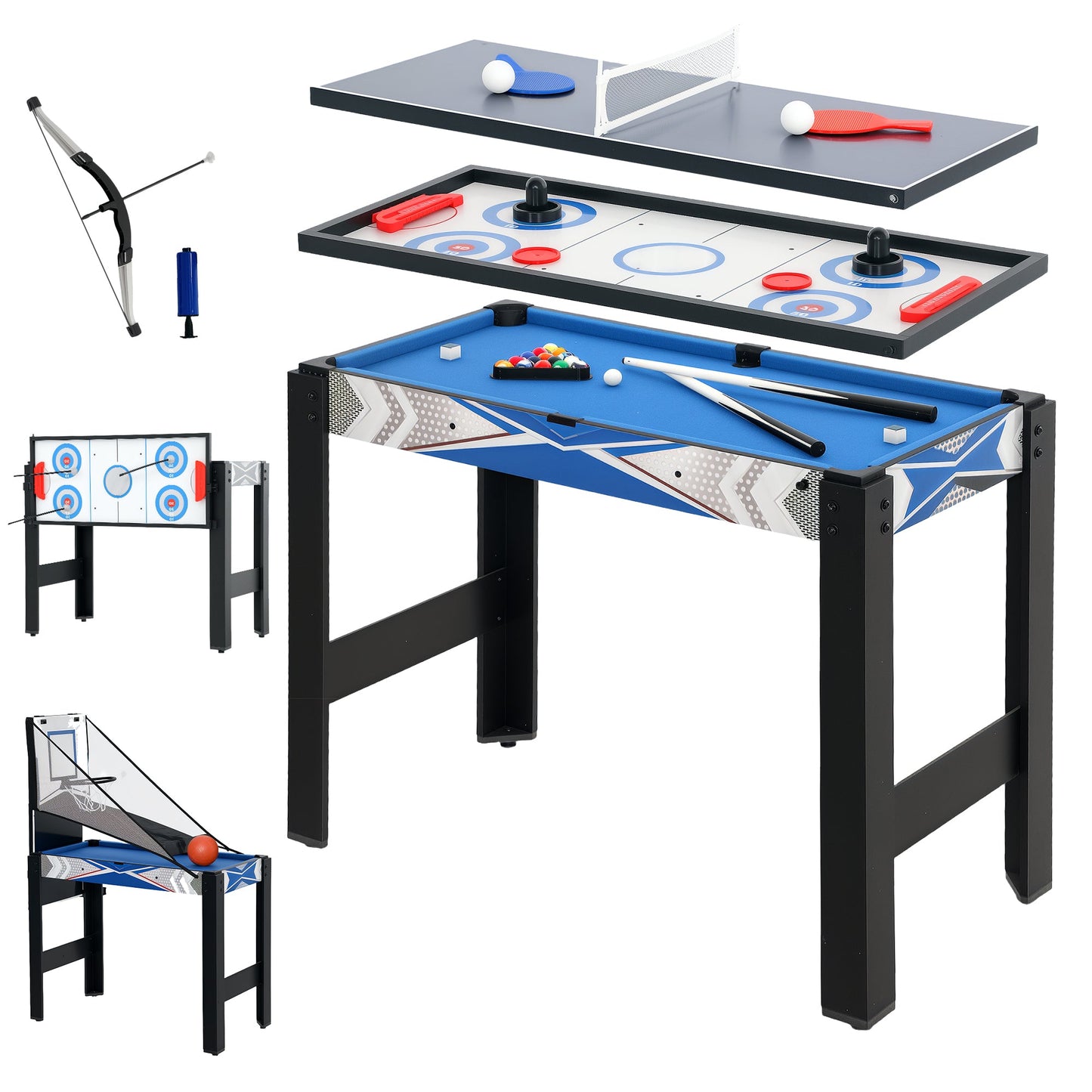 5 in 1 Multi Games Table Combo Sports Game Table for Kids, Mini Pool Table, Table Tennis Table, Hockey Table, Basketball Arcade Game, Bow and Arrow, Blue-0