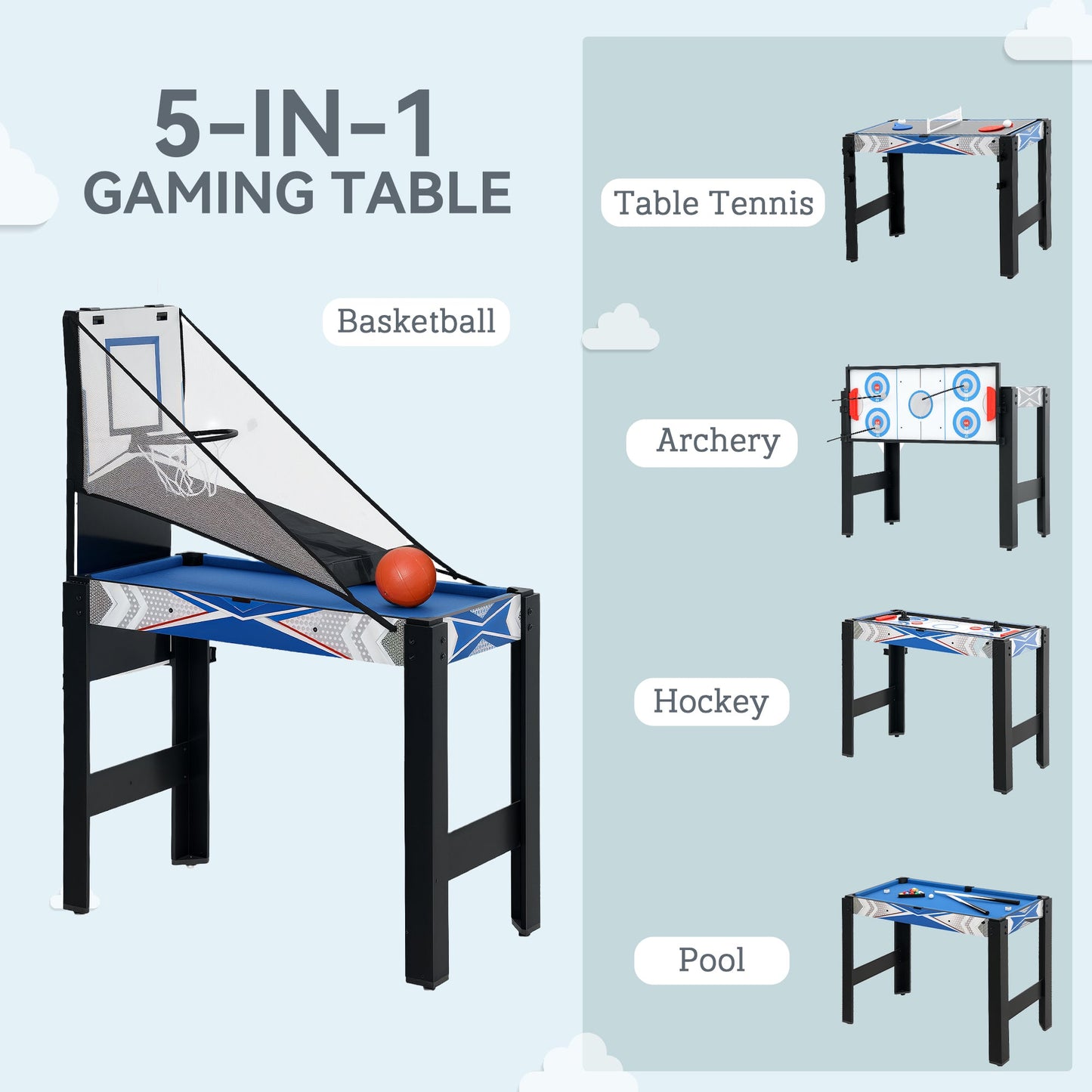 5 in 1 Multi Games Table Combo Sports Game Table for Kids, Mini Pool Table, Table Tennis Table, Hockey Table, Basketball Arcade Game, Bow and Arrow, Blue-3