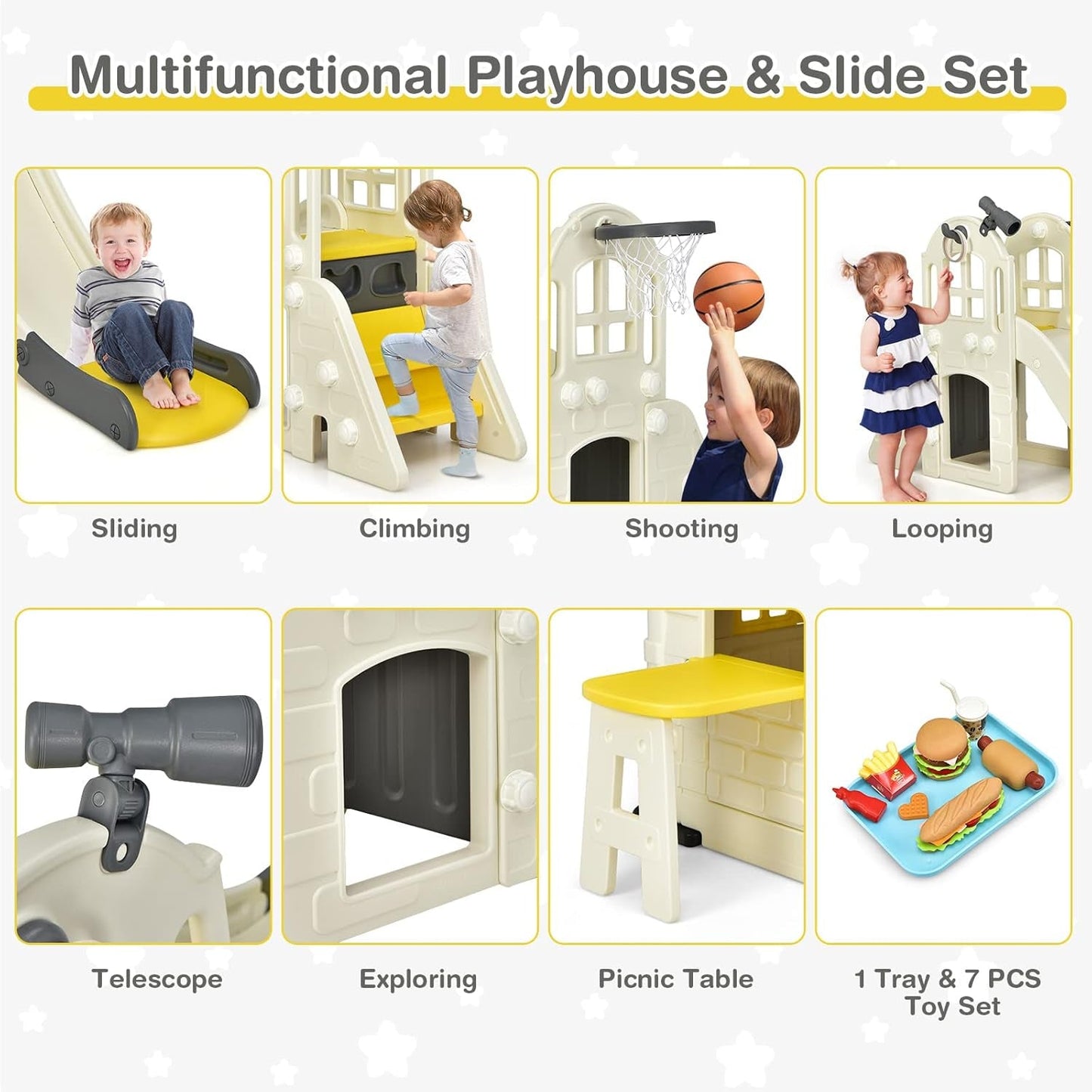 7-in-1 Kids Playhouse Slide Cottage Picnic Yellow-3