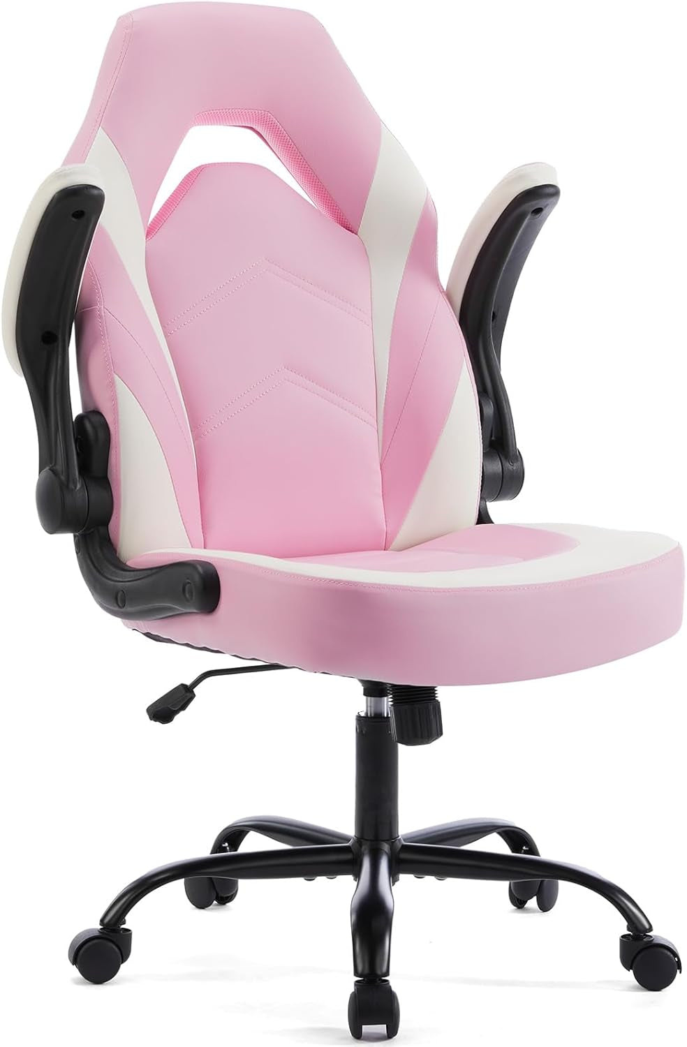 Computer Gaming Desk Chair - Pink Ergonomic Office Executive Adjustable Swivel Task PU Leather Racing Chair with Flip-Up Armrest for Adults, Kids, Men, Girls, Gamer, White Pink-0