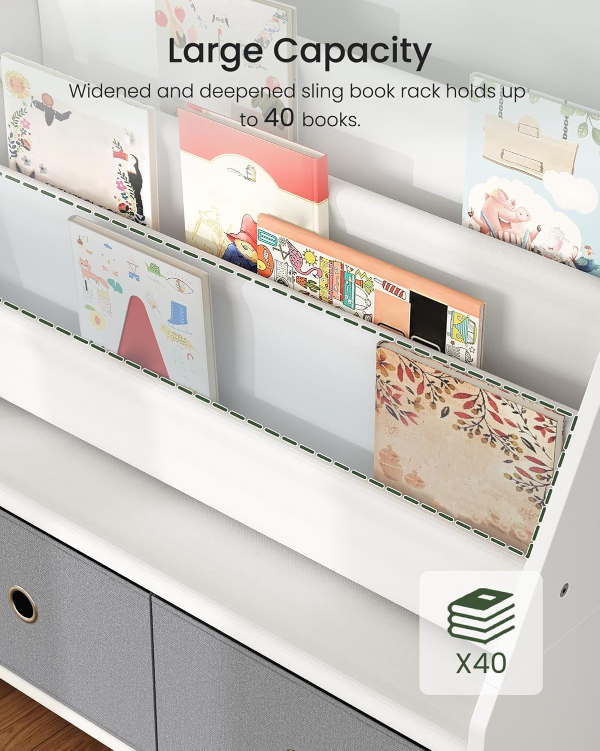 Kids Bookshelf and Toy Storage, 4 Tier Large Capacity Kids Book Rack, Sling Kids Bookcase, for Kids Room, Nursery, Playroom, White and Gray MCW06WT-4