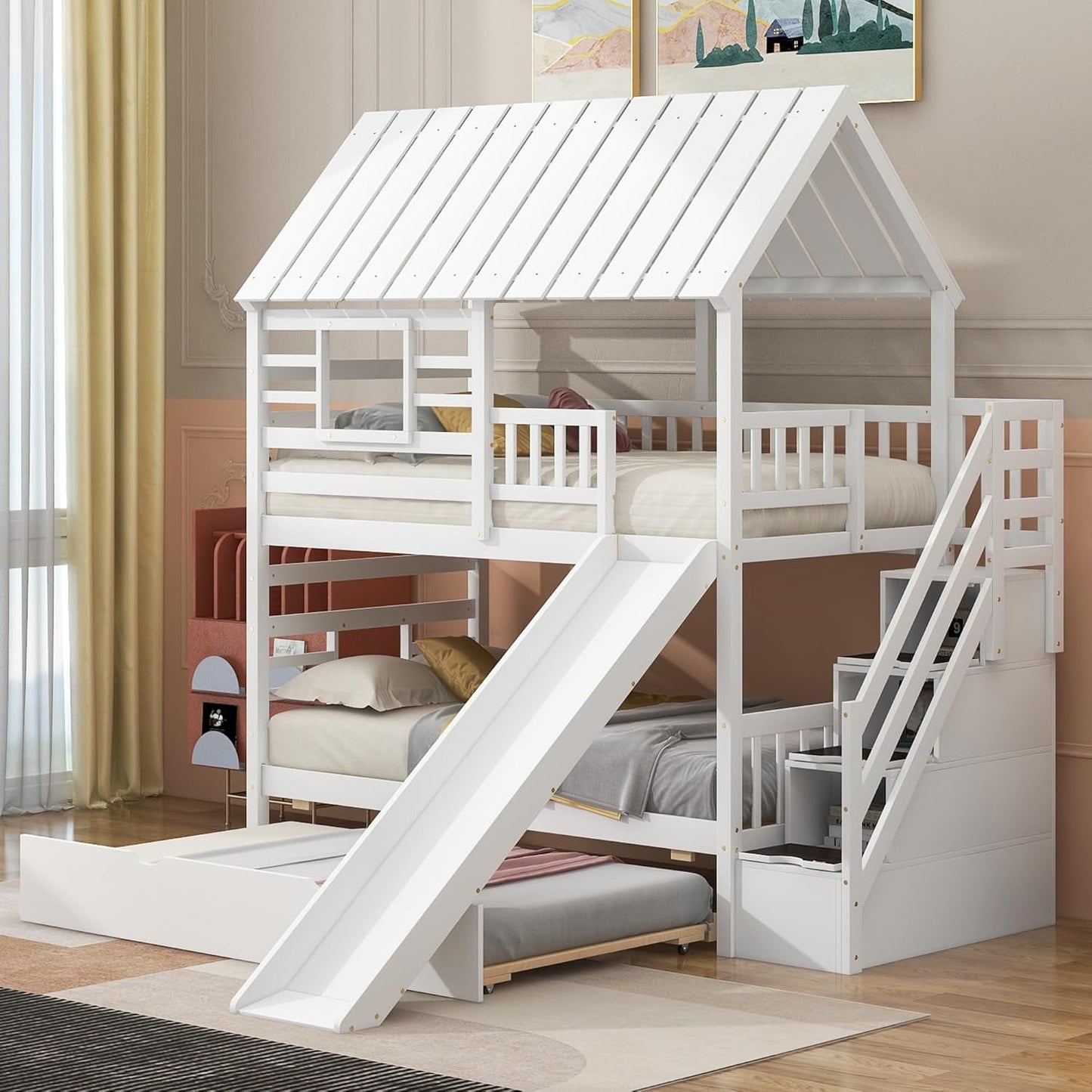 Kids Twin Bunk Bed with Slide, Trundle & Storage-2