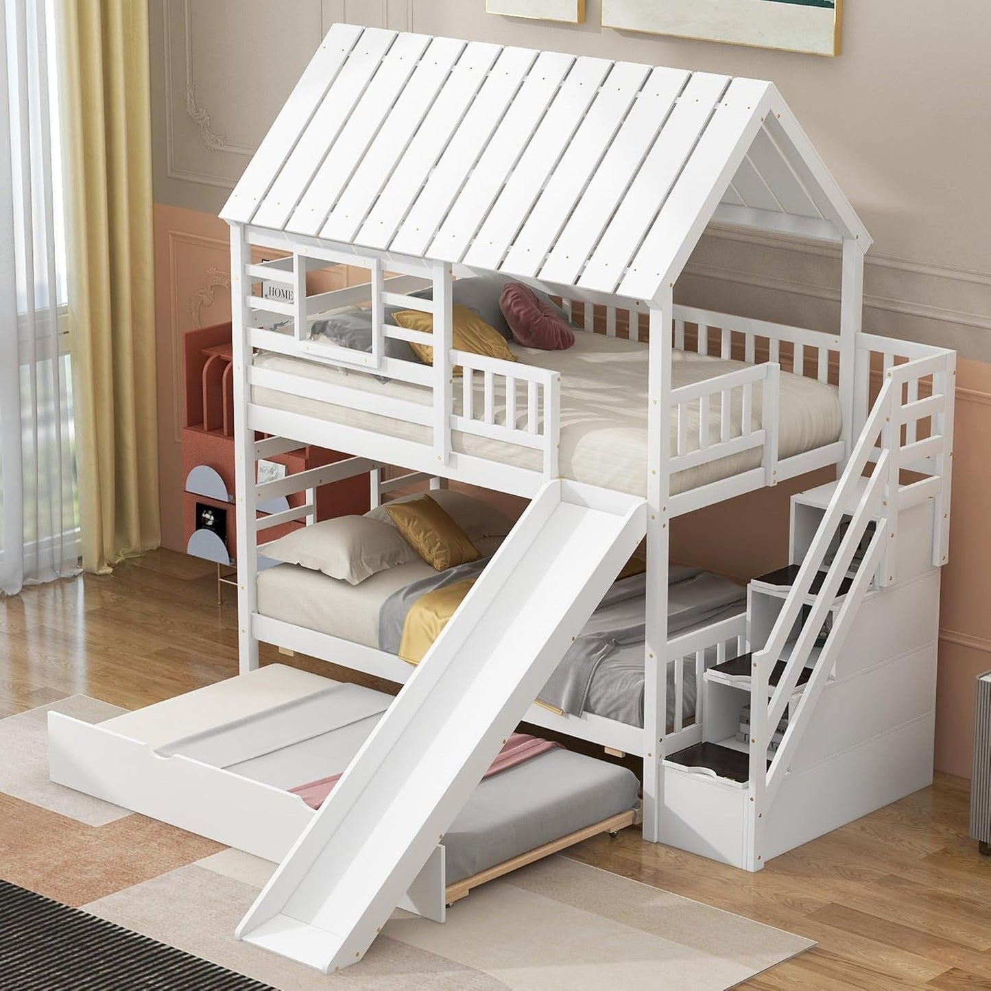 Kids Twin Bunk Bed with Slide, Trundle & Storage-3