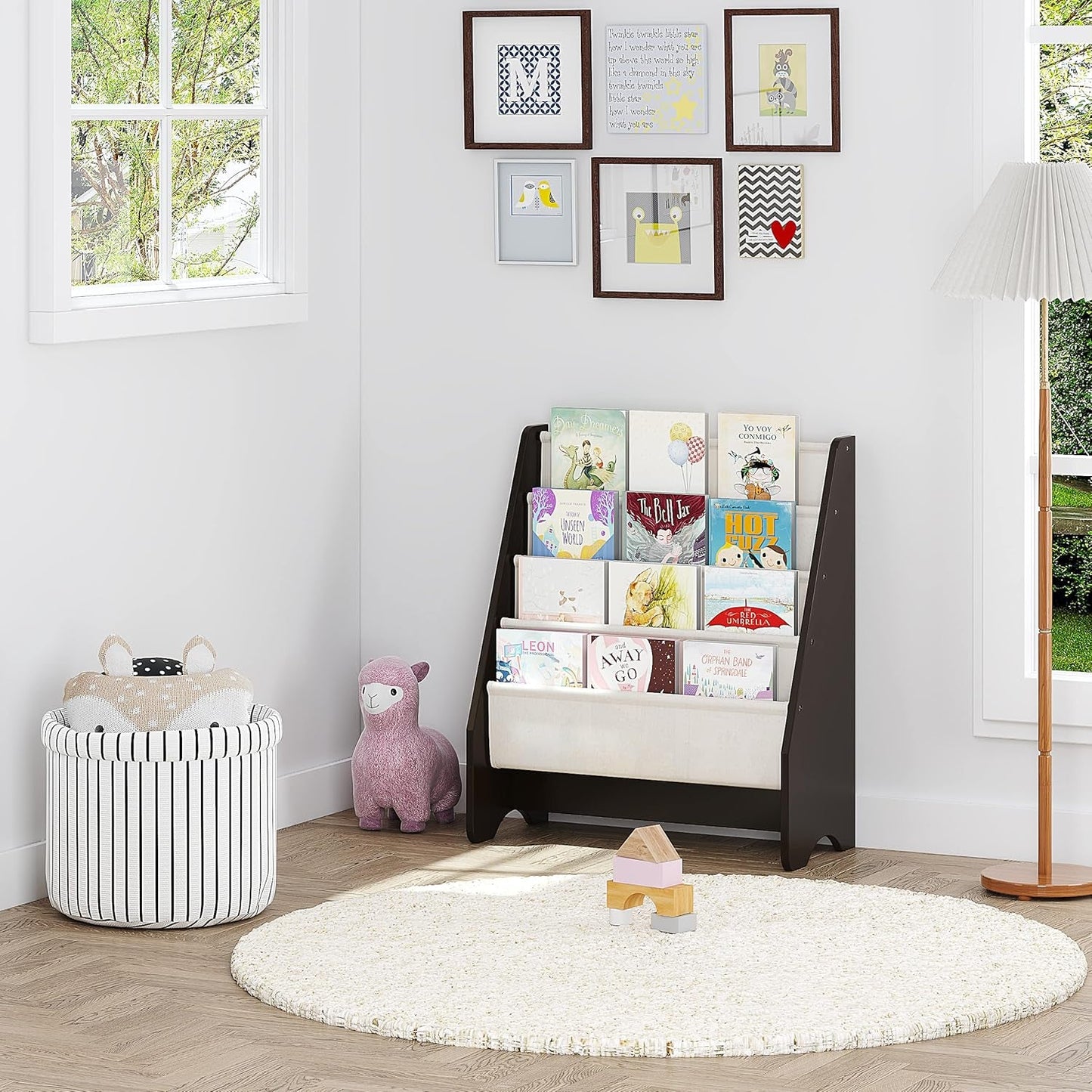 Kids Sling Bookshelf - Kids Magazine Rack with Organizer, Book Organizer (Espresso)-4