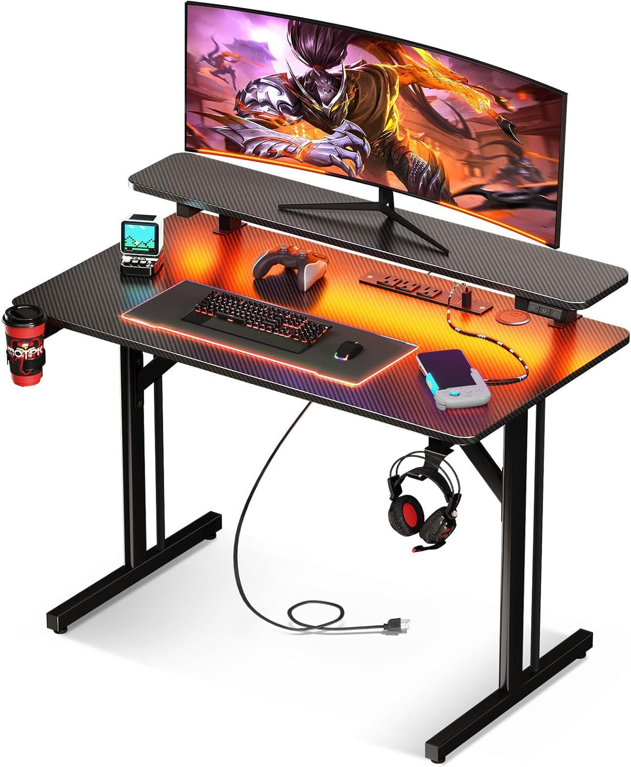 31 Inch Small Gaming Desk with LED Lights & Power Outlets, Computer Desk Gaming Table with Monitor Shelf, Gamer Desk with Carbon Fiber Texture, Kids Boys Desk Gift for Men-0