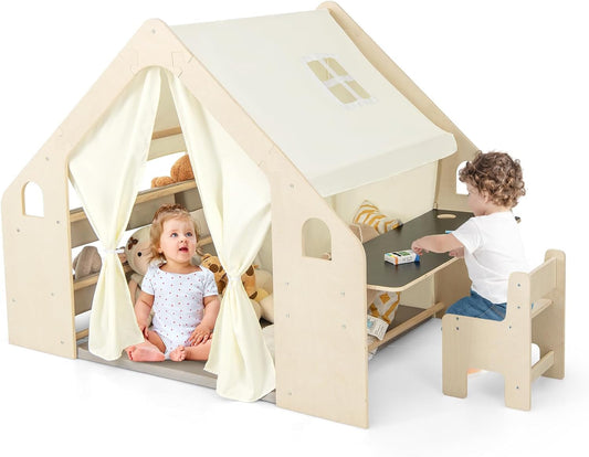 Large Kids Wooden Play Tent with Table Chairs-0