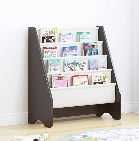 Kids Sling Bookshelf - Kids Magazine Rack with Organizer, Book Organizer (Espresso)-0