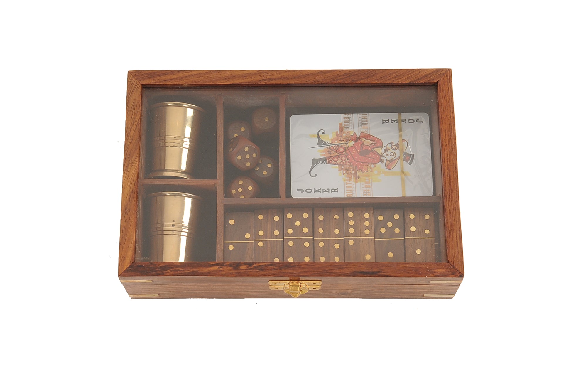 5.25" X 8" X 2.5" Wooden Game Set With Brass Goblet-2