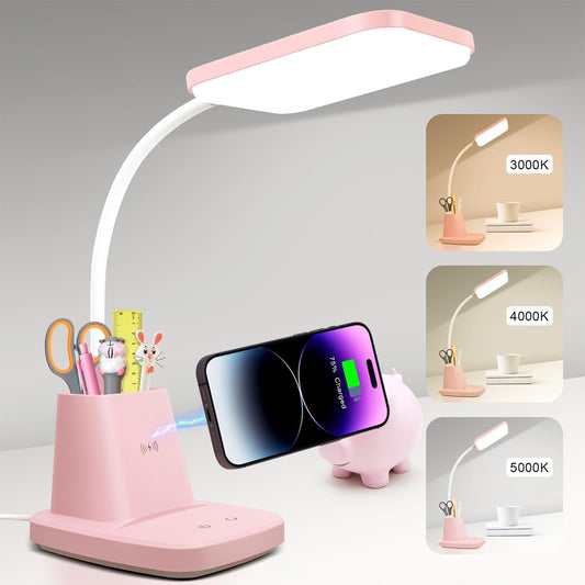 Cute Desk Lamp, Pink Small Desk Lamp with Pen Holder, Wireless Charger LED Desk Lamps for Home Office, Kids Desk Lamp 800LM Gooseneck 3 Modes Dimmable Touch, Study Lamp for College Dorm Room-0