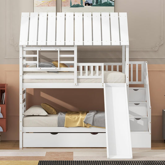 Kids Twin Bunk Bed with Slide, Trundle & Storage-0
