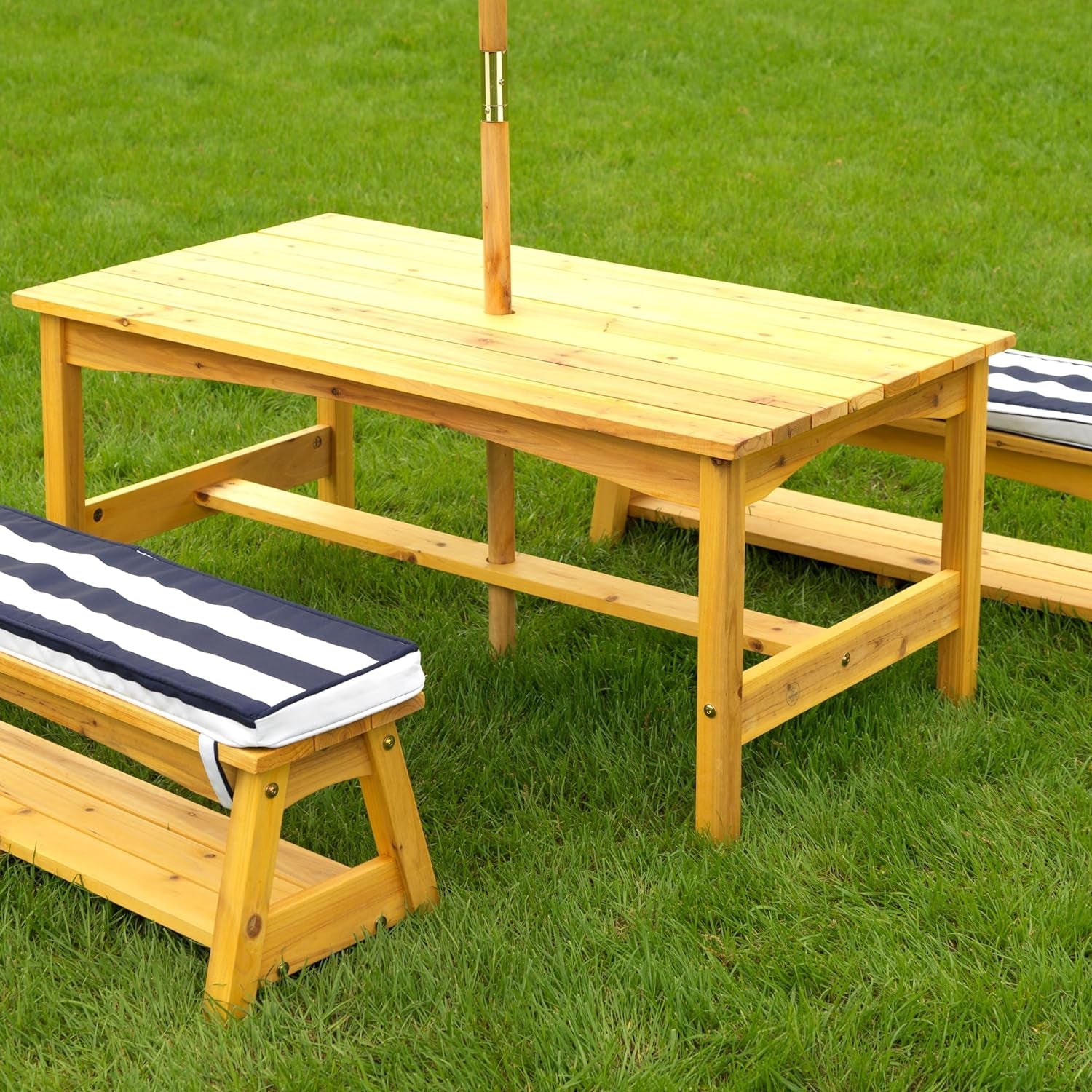 Outdoor Wooden Table & Bench Set with Cushions and Umbrella, Kids Backyard Furniture, Navy and White Stripe Fabric-2