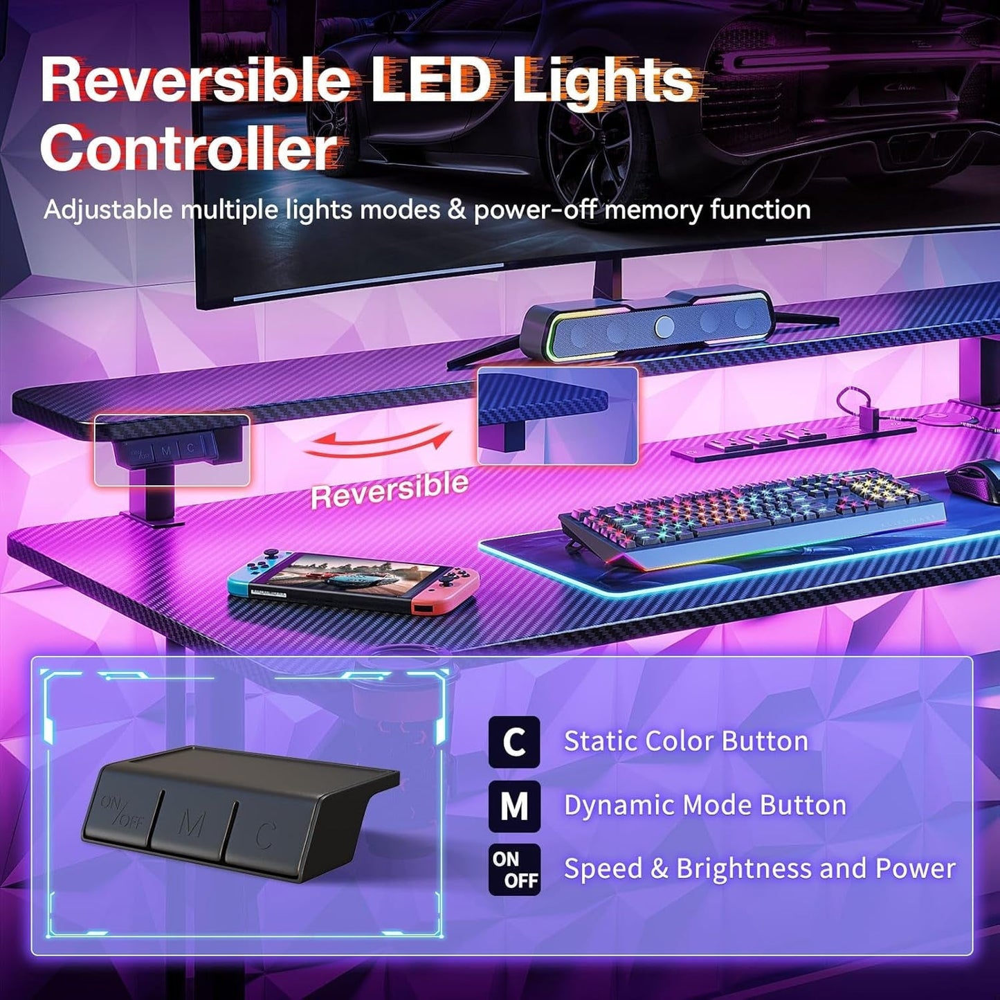 31 Inch Small Gaming Desk with LED Lights & Power Outlets, Computer Desk Gaming Table with Monitor Shelf, Gamer Desk with Carbon Fiber Texture, Kids Boys Desk Gift for Men-4