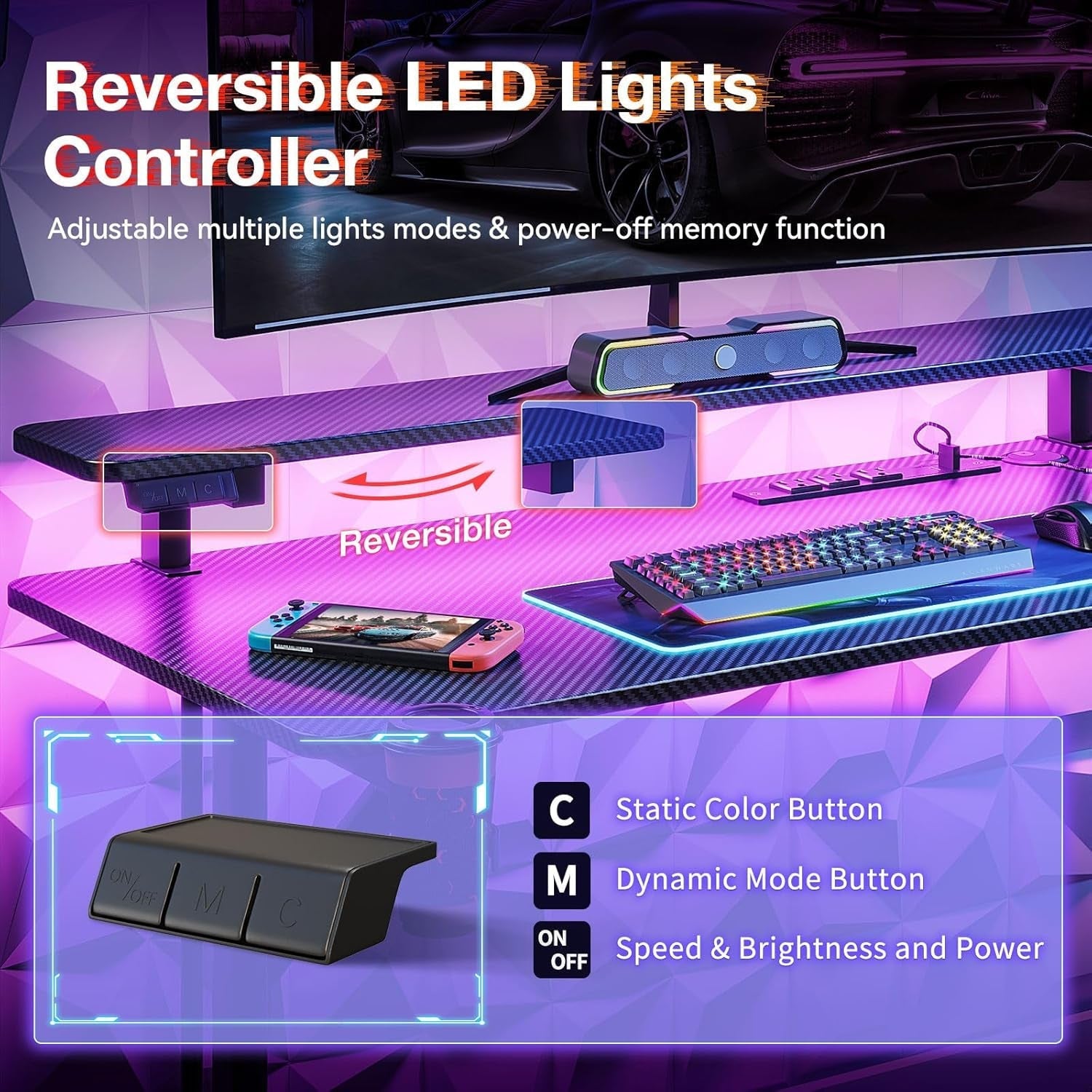 31 Inch Small Gaming Desk with LED Lights & Power Outlets, Computer Desk Gaming Table with Monitor Shelf, Gamer Desk with Carbon Fiber Texture, Kids Boys Desk Gift for Men-4