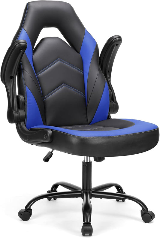 Computer Gaming Desk Chair - Ergonomic Office Executive Adjustable Swivel Task PU Leather Racing Chair with Flip-Up Armrest for Adults, Kids, Men, Girls, Gamer, Black Blue-0